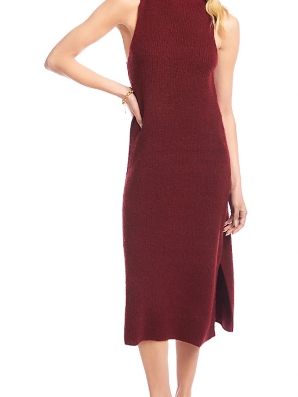 Karen Kane Sleeveless Turtleneck Sweater Midi Dress M Wine Measures for Medium